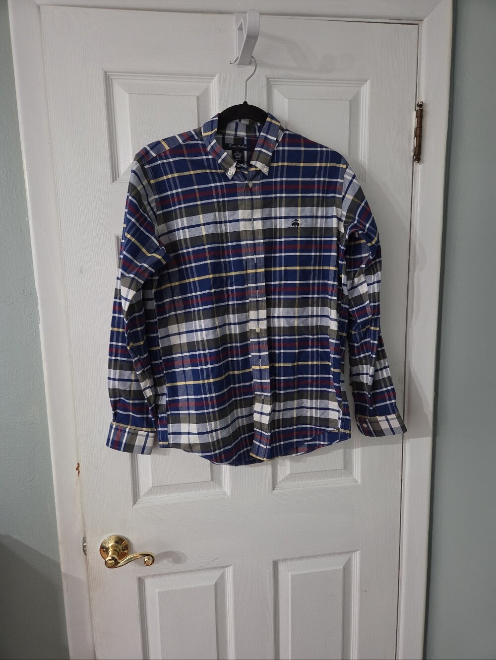 Brooks Brothers Blue, White & Red Madras Button-Down Shirt With Logo.  XL
